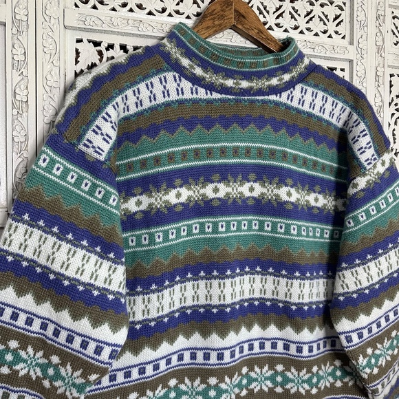 Vintage Blue & Green Nordic Fair Isle Mockneck Grannycore Sweater Sz Medium - Picture 2 of 8
